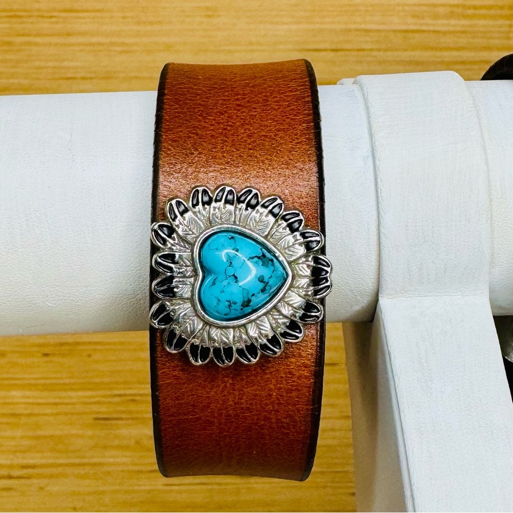 Brown Leather Bracelet with Turquoise Heart Stone Accent upcycle belt